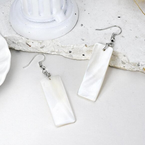 Beautiful Ocean Shell Dangle Earrings, Rectangular Handmade, White, 3.11 In - Picture 2 of 6